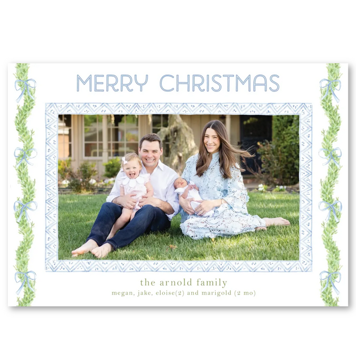 Blue Bow Boxwood Holiday Card - Horizontal