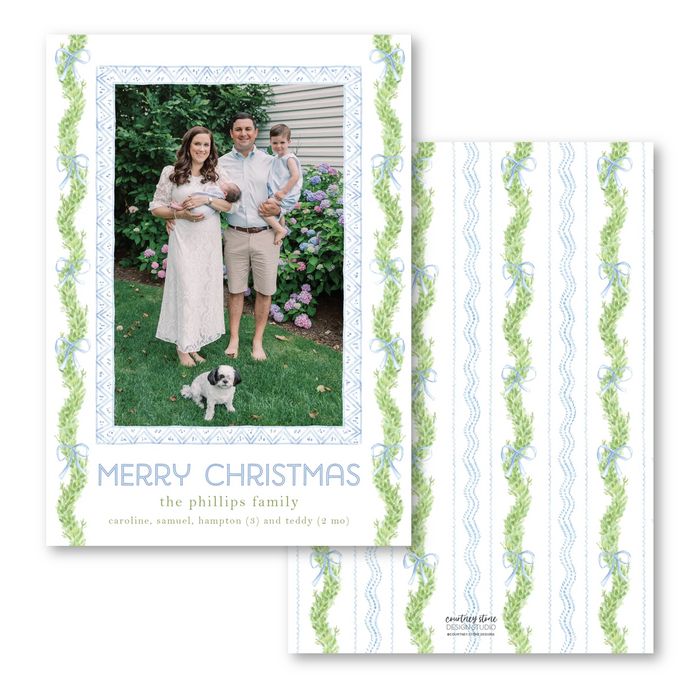 Blue Bow Boxwood Holiday Card - Vertical