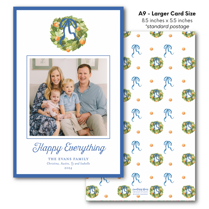 'Navy Citrus Wreath' Holiday Card - A9 - Larger Card Size