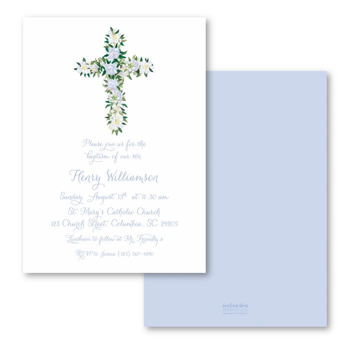 Floral Cross Baptism Invitations - Blue