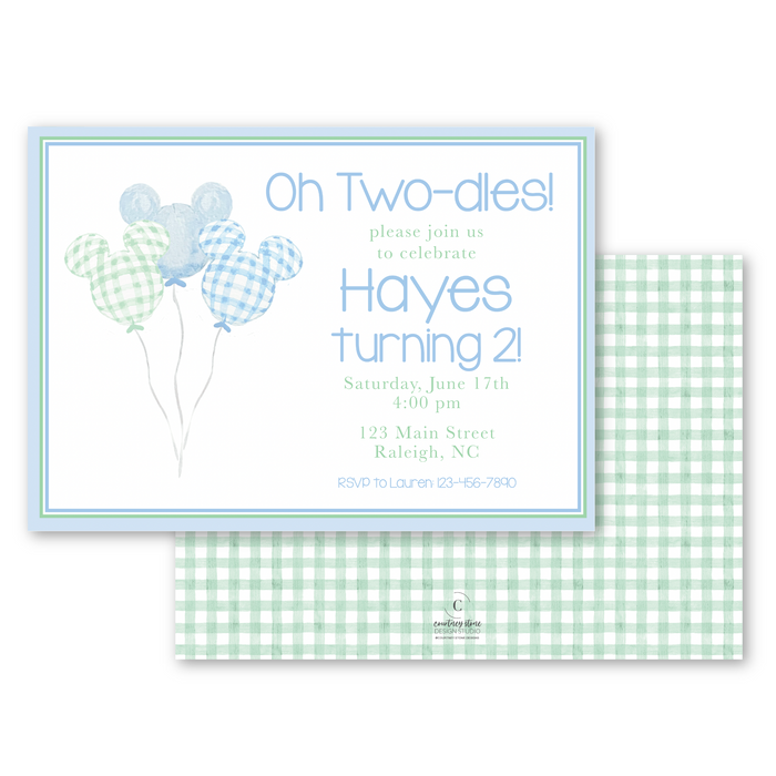 Blue Mouse Balloons Birthday Invitations