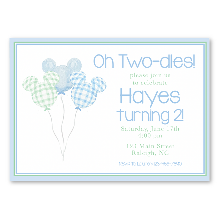 Blue Mouse Balloons Birthday Invitations