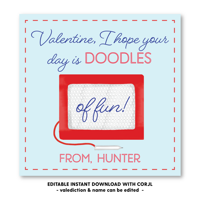 Blue Magna-doodle Valentines Tag - Self-Edit, Print at Home