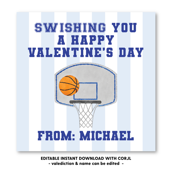 Basketball - Blue - Valentines Tag - Self-Edit, Print at Home