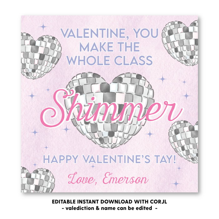 Shimmer Disco Ball Valentines Tag - Self-Edit, Print at Home