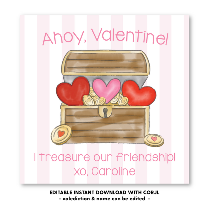 Pirate - Pink - Valentines Tag - Self-Edit, Print at Home