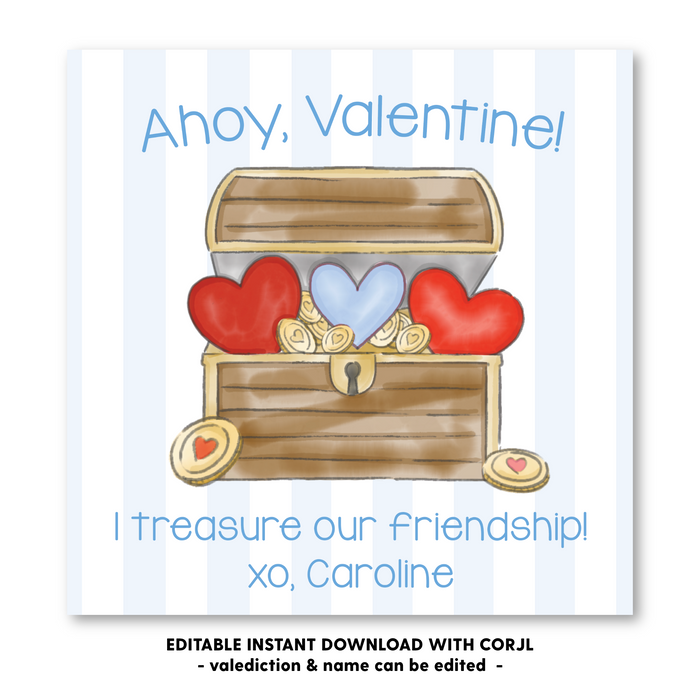 Pirate - Blue - Valentines Tag - Self-Edit, Print at Home