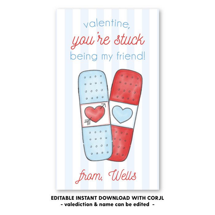 Bandaid - Blue - Valentines Tag - Self-Edit, Print at Home