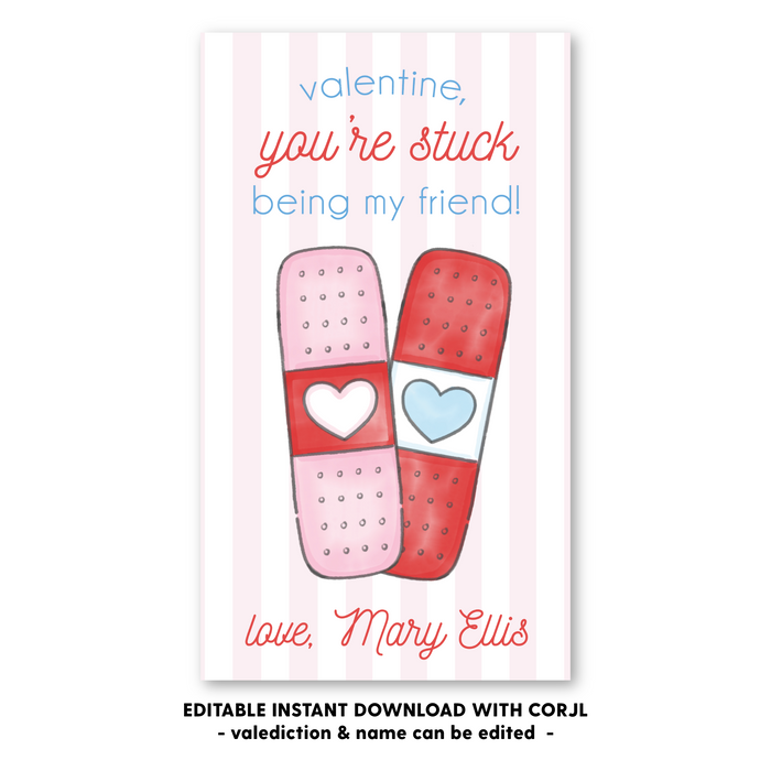 Bandaid - Pink - Valentines Tag - Self-Edit, Print at Home