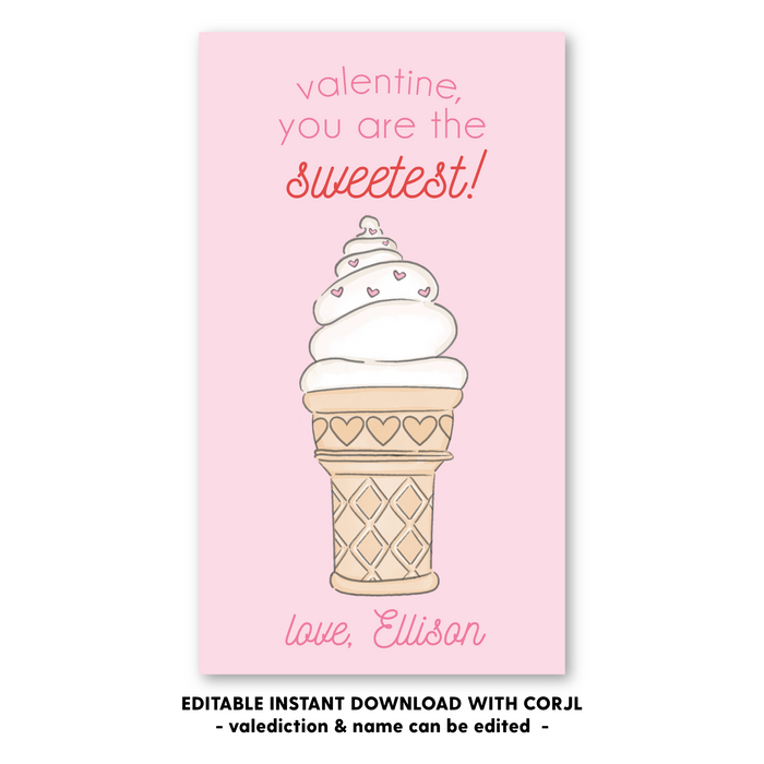 Ice Cream Heart Cone - Pink - Valentines Tag - Self-Edit, Print at Home