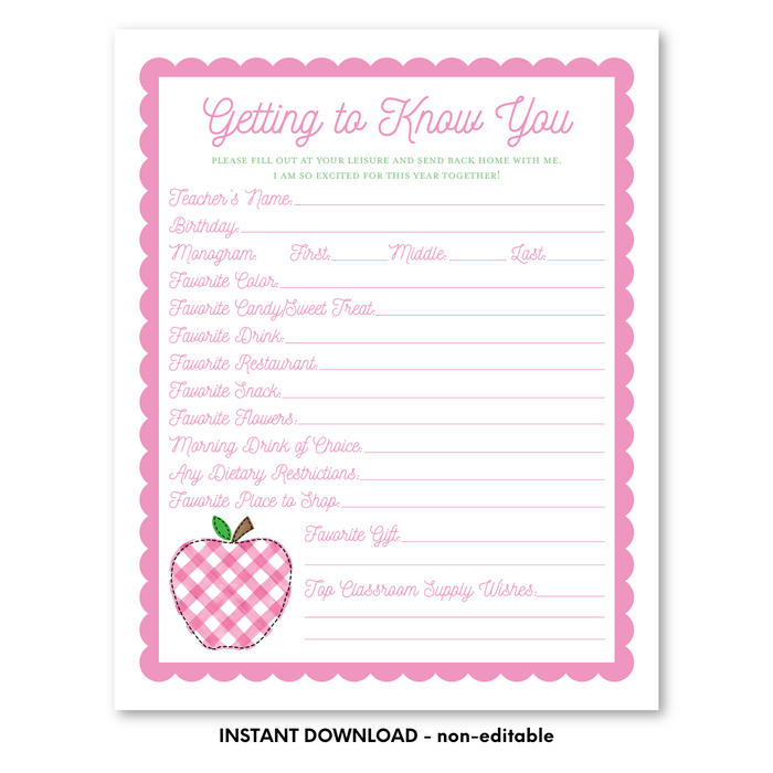 Printable Pink Scallop Teacher Questionnaire