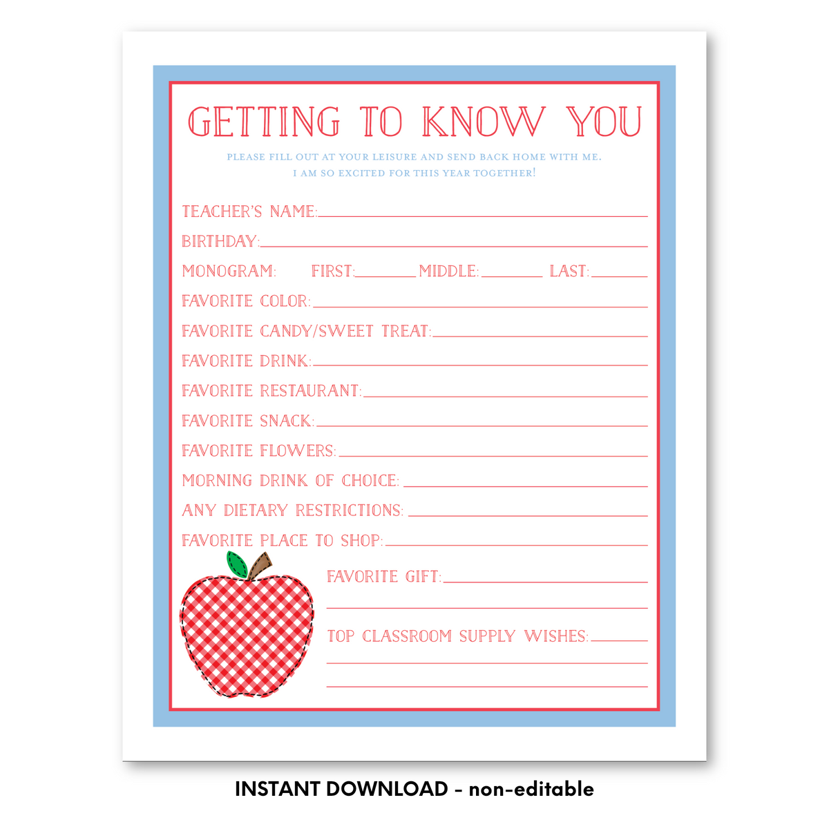Printable Blue Border Teacher Questionnaire– courtneystonedesigns