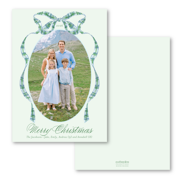 Blue & Green Tartan Bow Holiday Card