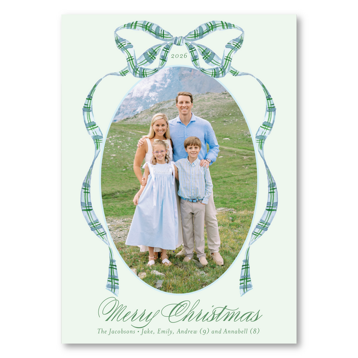 Blue & Green Tartan Bow Holiday Card