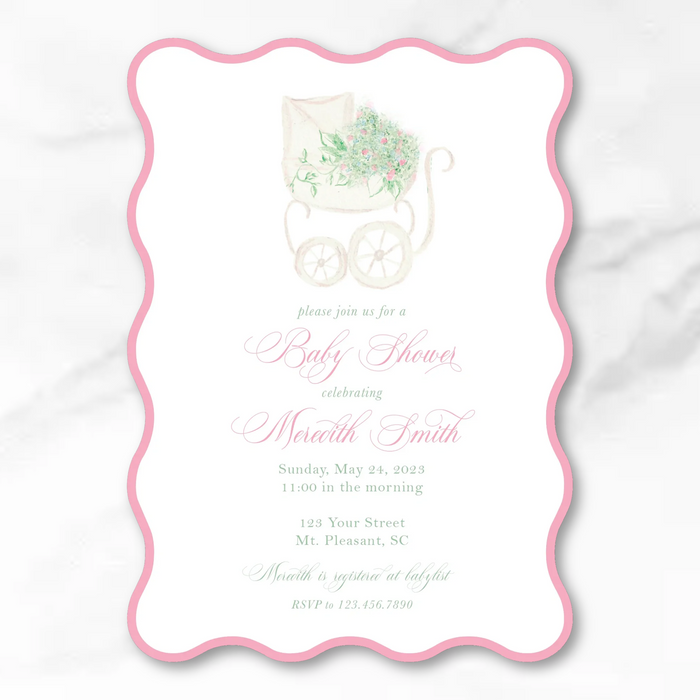 Floral Baby Carriage [PINK] Invitations - Wavy Edge