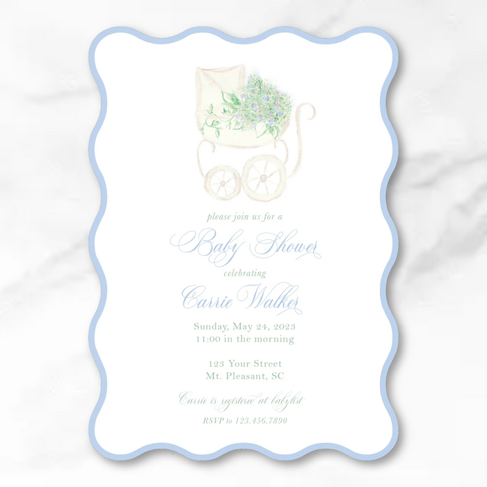 Floral Baby Carriage [BLUE] Invitations - Wavy Edge