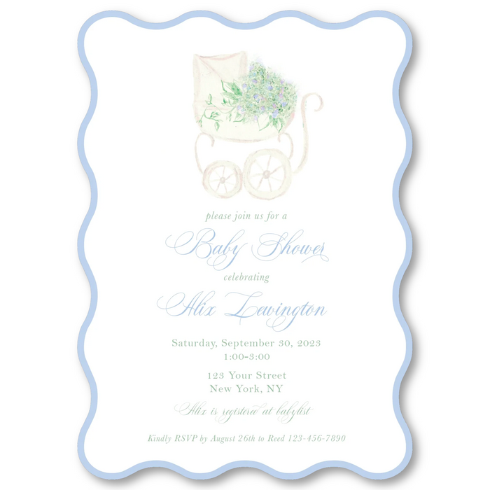 Floral Baby Carriage [BLUE] Invitations - Wavy Edge