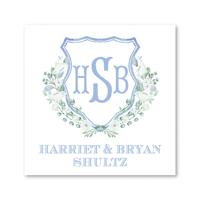 Blue Floral Monogram Crest Enclosure Card | Gift Tag