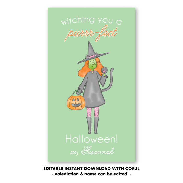 Witch Kitten - Halloween Tag - Self-Edit, Print at Home