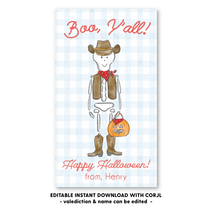 Skeleton Cowboy Halloween Tag - Self-Edit, Print at Home