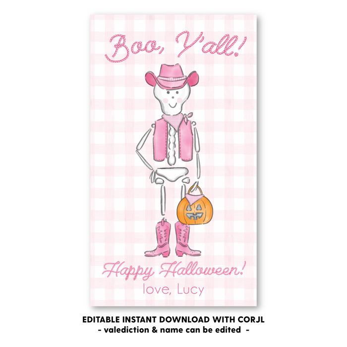 Skeleton Cowgirl Halloween Tag - Self-Edit, Print at Home