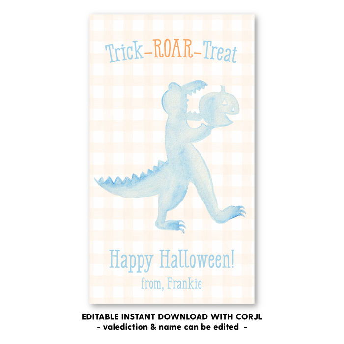 Trick Roar Treat Dinosaur Halloween Tag - Self-Edit, Print at Home