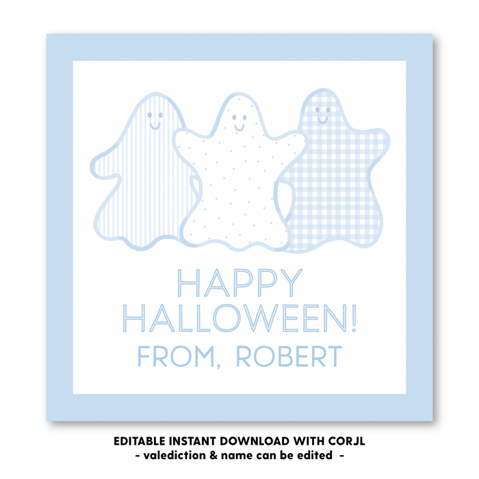 Gingham Ghosts - Blue - Halloween Tag - Self-Edit, Print at Home