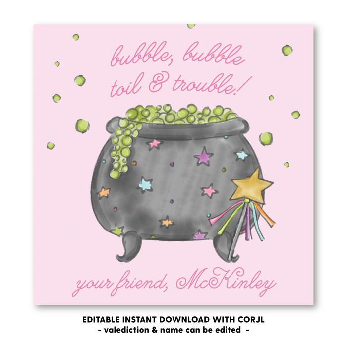 Bubble Cauldron - Pink - Halloween Tag - Self-Edit, Print at Home