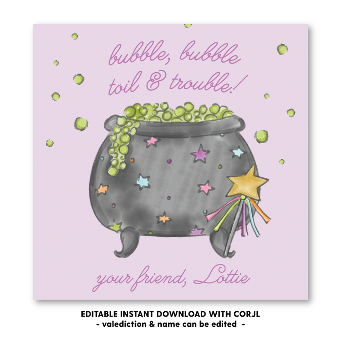 Bubble Cauldron - Purple - Halloween Tag - Self-Edit, Print at Home