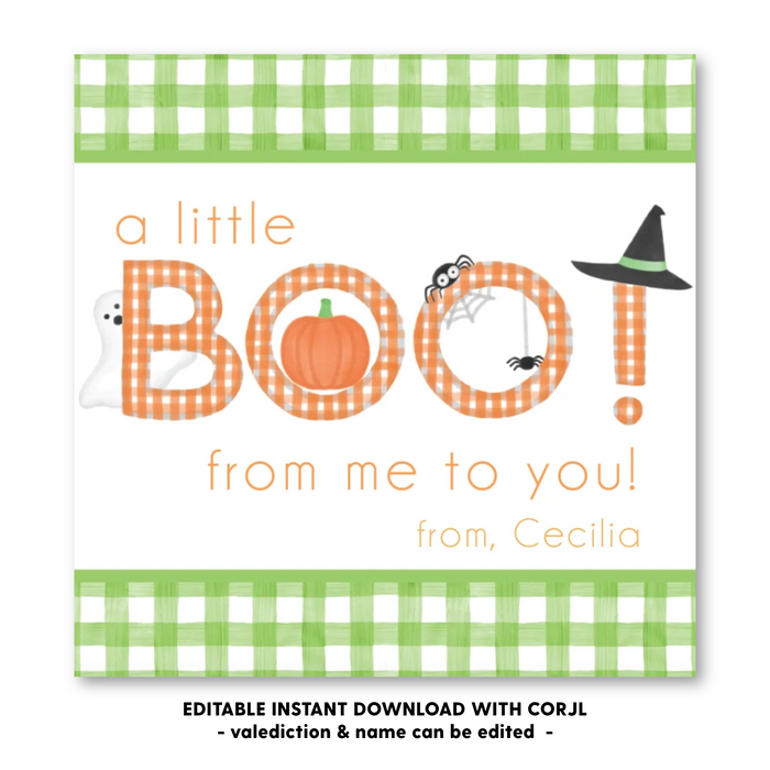 Green Gingham BOO Halloween Tag - Self-Edit, Print at Home