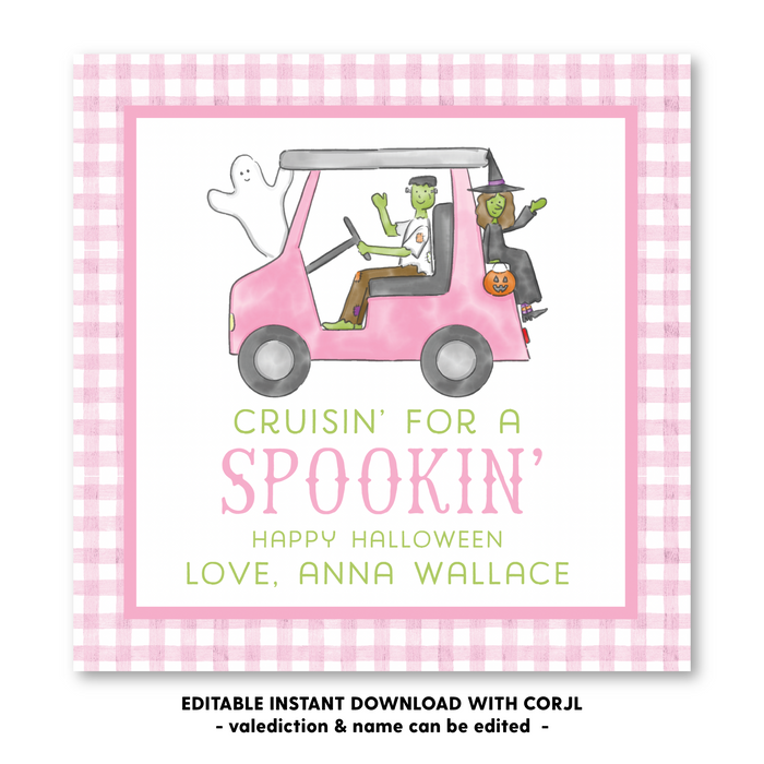 Monster Golf Cart - Pink - Halloween Tag - Self-Edit, Print at Home