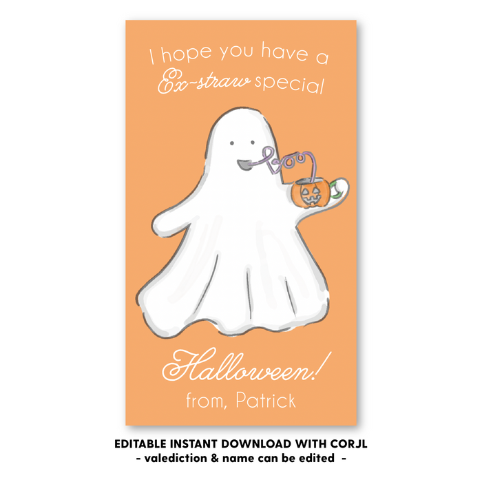 Ghost with Straw Halloween Tag - Self-Edit, Print at Home