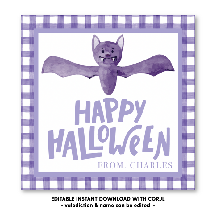 Purple Bat Halloween Tag - Self-Edit, Print at Home