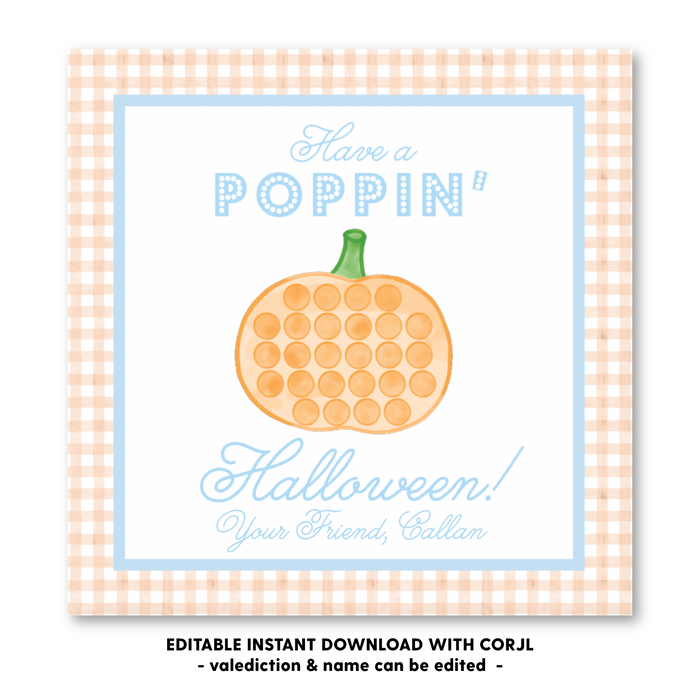 Poppin' Pumpkin Blue Halloween Tag - Self-Edit, Print at Home