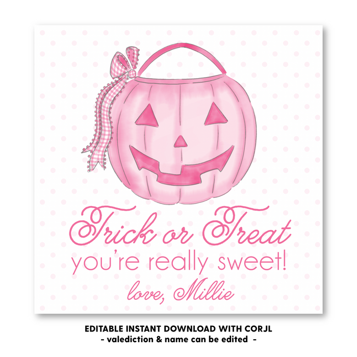 Pumpkin Bucket - Pink - Halloween Tag - Self-Edit, Print at Home