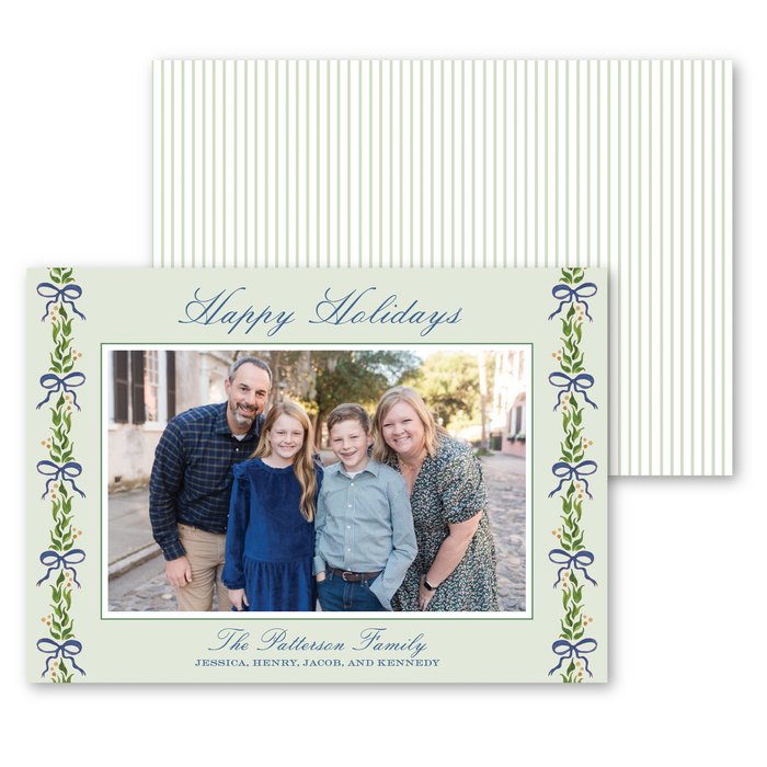 'Holly Bow Garland' Holiday Card | Horizontal - Blue