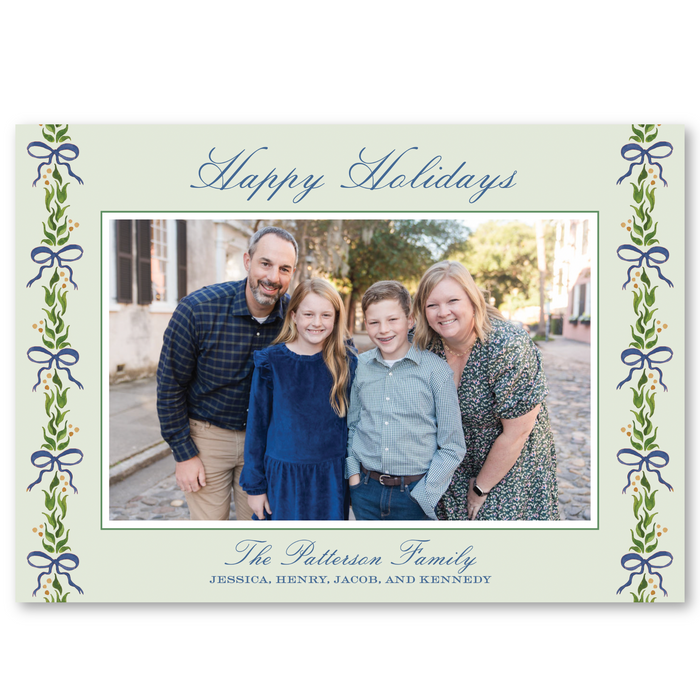 'Holly Bow Garland' Holiday Card | Horizontal - Blue