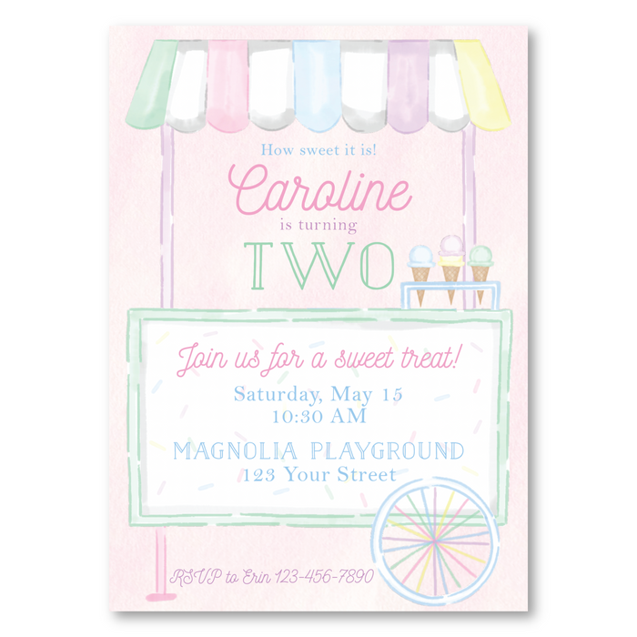 Ice Cream Cart  - Pink - Birthday Invitations