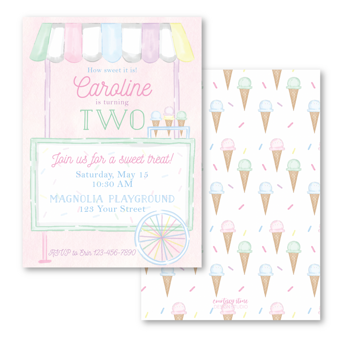 Ice Cream Cart  - Pink - Birthday Invitations