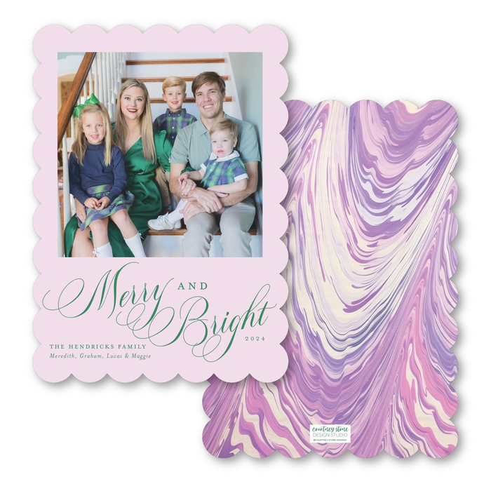 Merry & Bright Lavender Marble Photo Mount Scallop Die-Cut Holiday Card