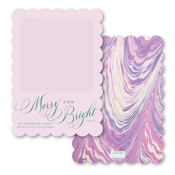 Merry & Bright Lavender Marble Photo Mount Scallop Die-Cut Holiday Card