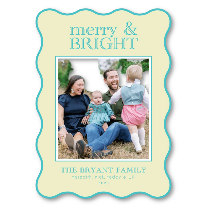 Merry & Bright - Teal & Lime - Wavy Die-Cut Holiday Card