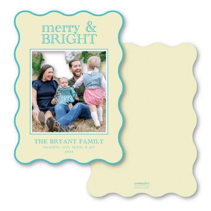 Merry & Bright - Teal & Lime - Wavy Die-Cut Holiday Card