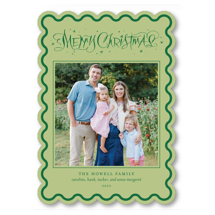 Merry Christmas Star Calligraphy - Scallop Die-Cut Holiday Card