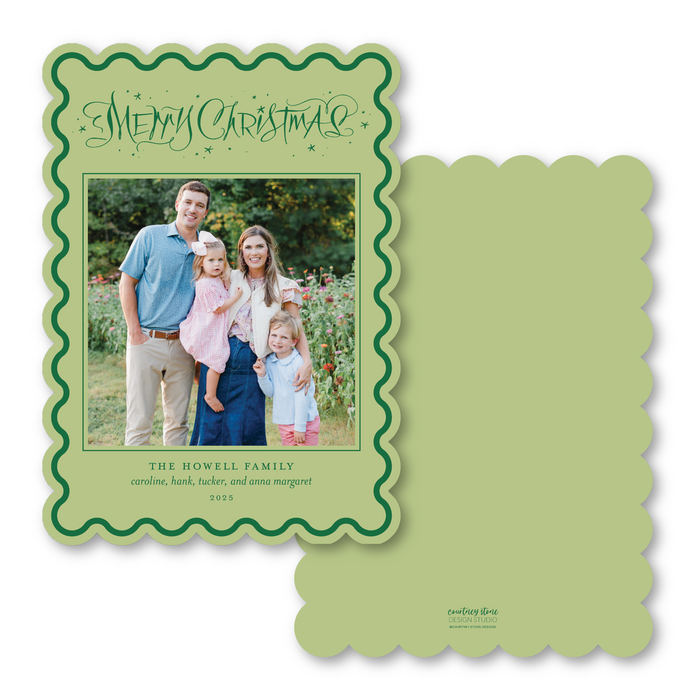 Merry Christmas Star Calligraphy - Scallop Die-Cut Holiday Card