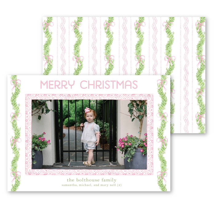 Pink Bow Boxwood Holiday Card - Horizontal