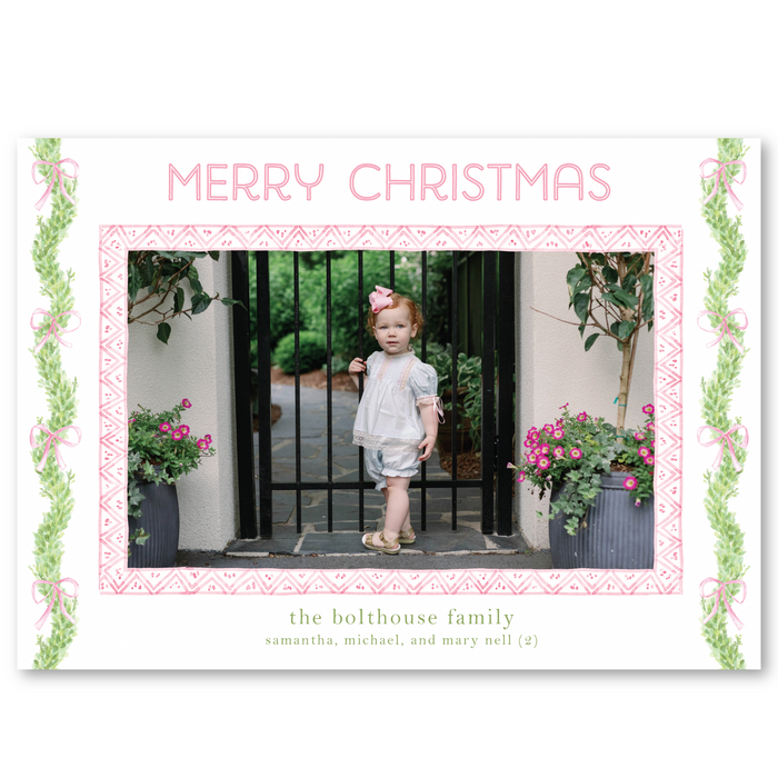 Pink Bow Boxwood Holiday Card - Horizontal