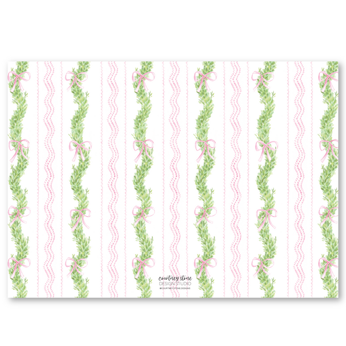 Pink Bow Boxwood Holiday Card - Horizontal