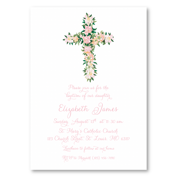 Floral Cross Baptism Invitations - Pink