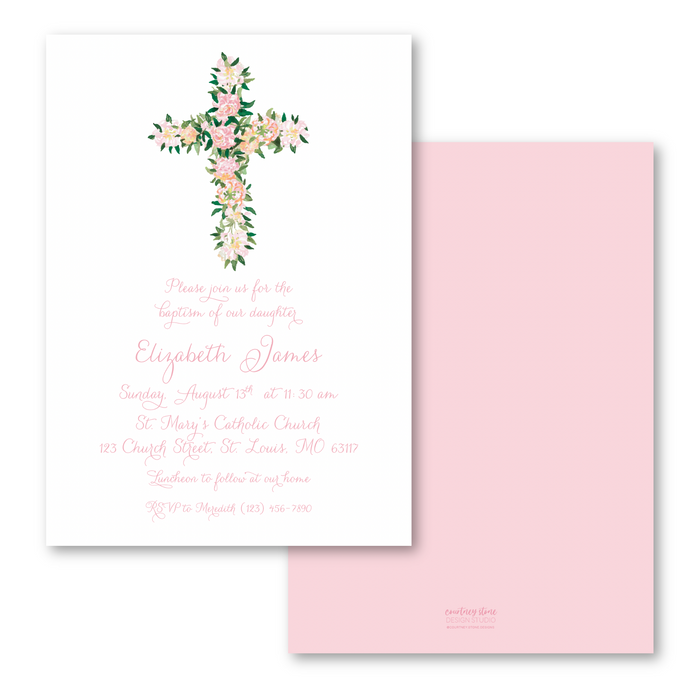 Floral Cross Baptism Invitations - Pink